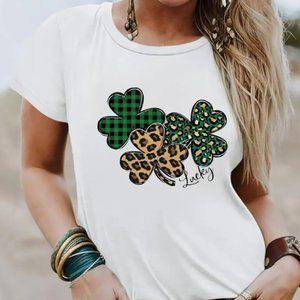 Women's Leopard Shamrock Tee Lucky Clover St Patricks Day Green Shirt
